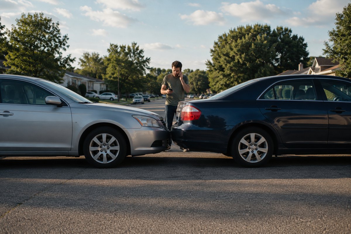 Driver on the phone between two minor-collision vehicles on a quiet residential street