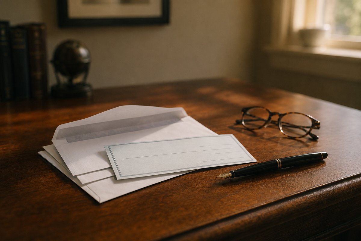 Settlement envelopes, a fountain pen, and an uncashed paper check arranged on a wooden desk