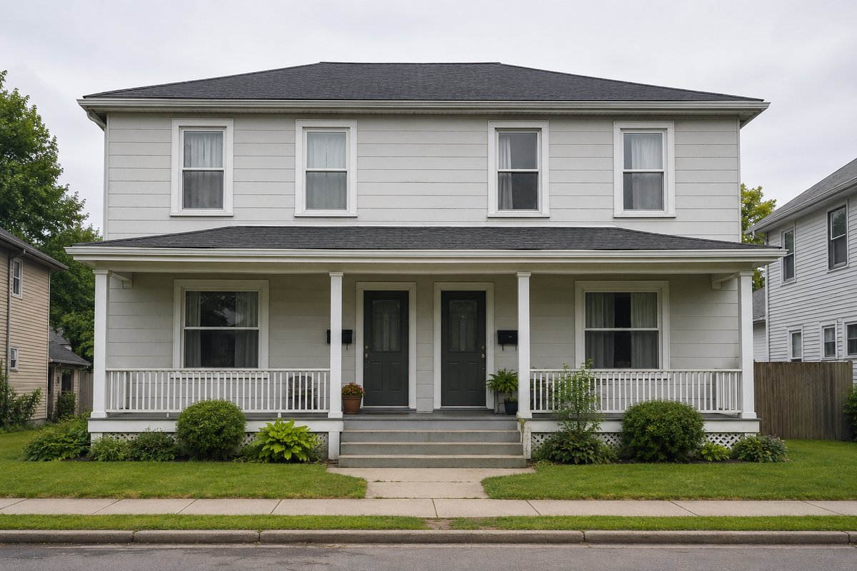 Front facade of a modest two-story residential building seen from a quiet street