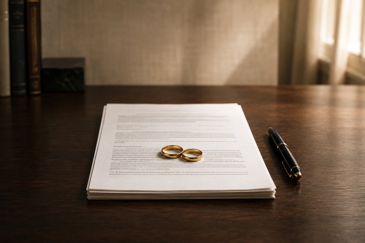 Two plain gold wedding bands resting on a folded multi-page legal agreement next to a capped fountain pen