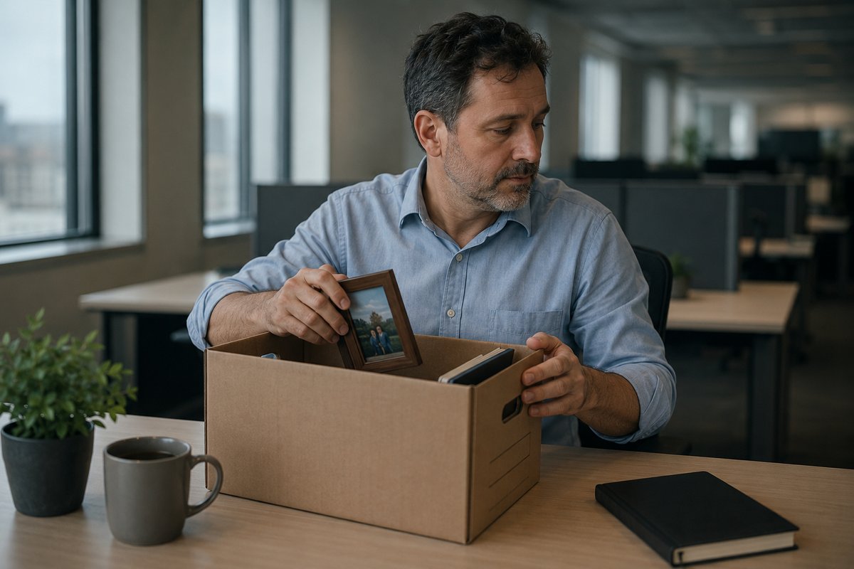A man at an office desk placing a framed photo into a half-packed cardboard banker's box at end of day